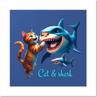 Cute  Cat play with a funny shark Posters and Art